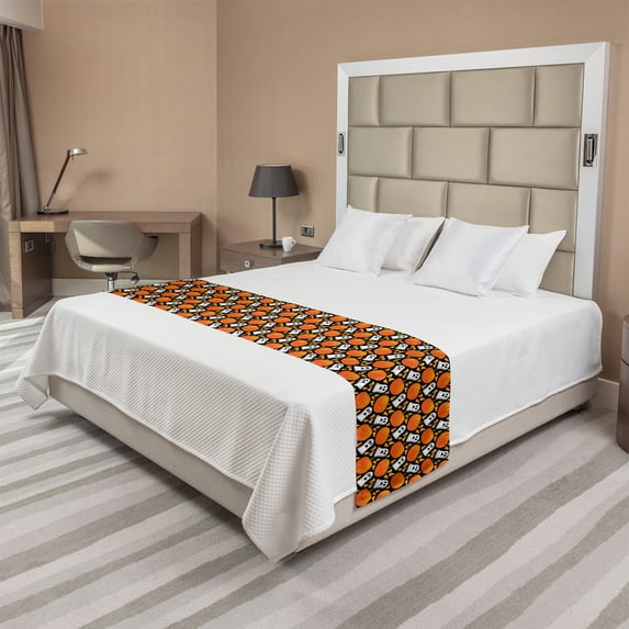 Halloween Bed Runner, Repetitive Spooky Elements Ghost and Pumpkins, Decorative Accent Bedding Scarf for Hotels Homes and Guestrooms, King, Marigold Fern Green, by Ambesonne