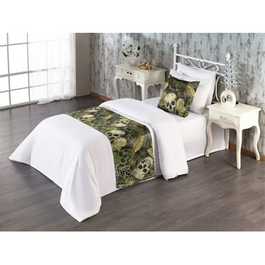 Halloween Bed Runner Set, Sketch Style Exotic Skull Pattern With Leaves Grunge Vibes Print, Decorative Bedding Scarf & a Pillow Sham for Hotels Homes, Twin, Pale Olive Green Eggshell, by Ambesonne