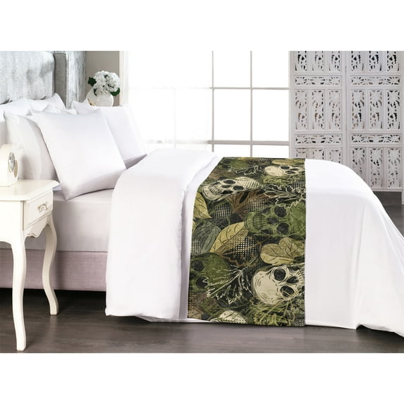 Halloween Bed Runner, Sketch Style Exotic Skull Pattern With Leaves Grunge Vibes Print, Decorative Accent Bedding Scarf for Hotels Homes & Guest Rooms, Queen, Pale Olive Green Eggshell, by Ambesonne