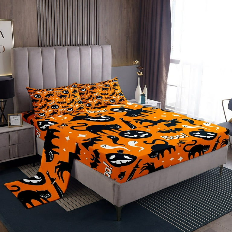 Halloween Bed Sheets Set Queen Size Halloween Pumpkin Lantern Sheet Set Black Cats Bats Bedding Set Gothic Horror Theme Sheets with Pocket Spooky