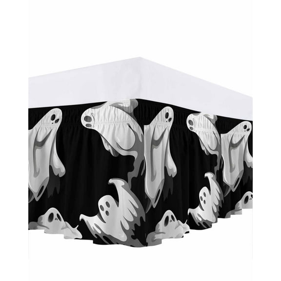 Halloween Bed Skirt Abstract Ghost Black Scary Bed Skirts Queen Size 16 Inch Drop, Wrap Around Dust Ruffle Bedskirt with Adjustable Elastic Belt for Queen Size Beds