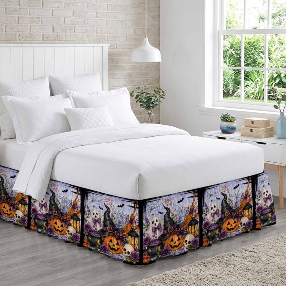 Halloween Bed Skirt California King Size 18 Inch Drop, Fall Fantasy Ghosts Wizard Hats Spiderwebs Skull Rose Purple Adjustable Elastic Dust Ruffles Bedskirt Wrap Around Pleated Mattress Frame Cover