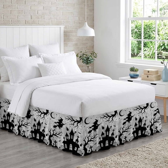 Halloween Bed Skirt California King Size 18 Inch Drop, Goth Flying Witch Haunted Castle Tree Silhouette Gray Adjustable Elastic Dust Ruffles Bedskirt Wrap Around Pleated Mattress Frame Cover