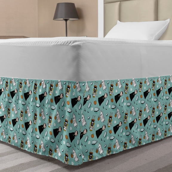 Halloween Bed Skirt, Children in Ghost Skeleton and Vampire Costumes Trick or Treat Pumpkin, Elastic Bedskirt Dust Ruffle Wrap Around for Bedding Decor, 4 Sizes, Pale Teal Multicolor, by Ambesonne