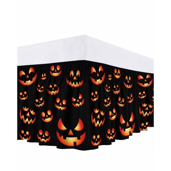 Halloween Bed Skirt Expression Pumpkin Scary Horror Bed Skirts Queen Size 16 Inch Drop, Wrap Around Dust Ruffle Bedskirt with Adjustable Elastic Belt for Queen Size Beds