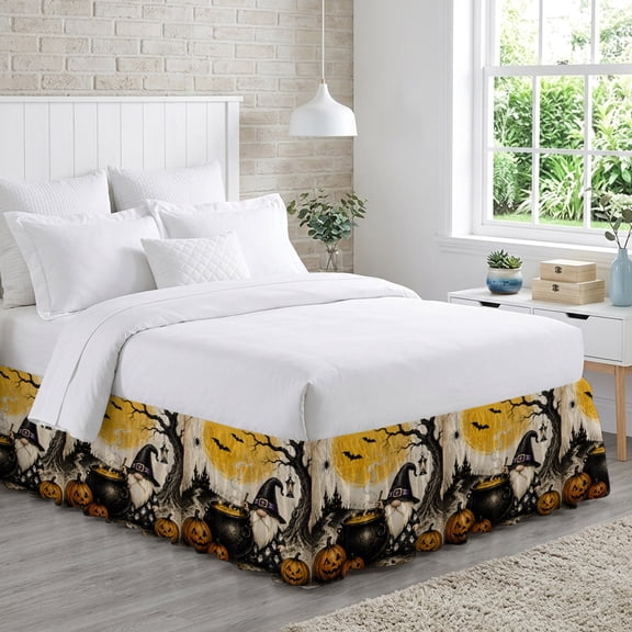 Halloween Bed Skirt King Size 16 Inch Drop, Vintage Wizard Gnome Pumpkins Mystical Tree Castle Adjustable Elastic Dust Ruffles Bedskirt for King Bed Wrap Around Pleated Mattress Frame Cover