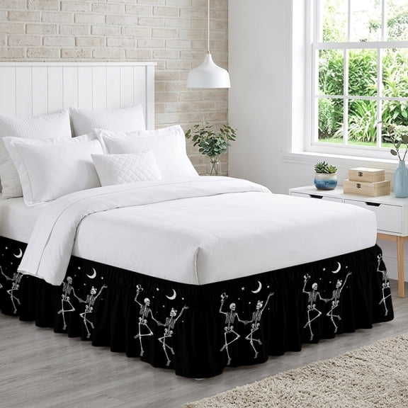 Halloween Bed Skirt King Size 18 Inch Drop, Spooky Season Night Scene Dancing Skeletons Moon Adjustable Elastic Dust Ruffles Bedskirt for King Bed Wrap Around Pleated Mattress Frame Cover