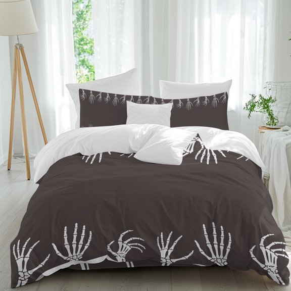Halloween Bedding Duvet Cover Set California King Size 4 Pieces, Playful White Horror Spooky Skeleton Hands Brown Background Bedding Set, 1 Comforter Cover 96x104 Inches 1 Flat Sheet & 2 Pillow Cases