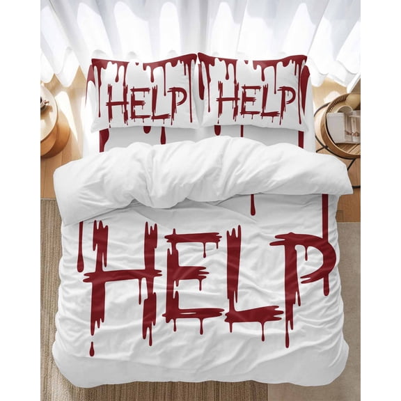 Halloween Bedding Duvet Cover Set Full Size 4 Pieces Help Blood Modern Horror Soft Twill Plush Quilt Cover, Include 1 Duvet Cover 1 Flat Sheet And 2 Pillow