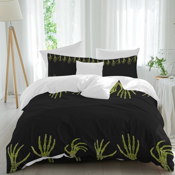 Halloween Bedding Duvet Cover Set Full Size 4 Pieces, Lime Green Horror Spooky Skeleton Hands Black Bedding Set with Zipper Closure, 1 Comforter Cover 86x90 Inches 1 Flat Sheet & 2 Pillow Cases
