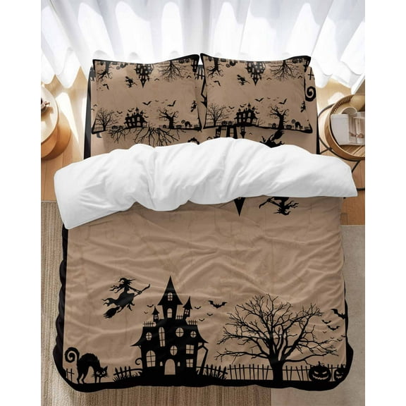 Halloween Bedding Duvet Cover Set King 4 Pieces Dead Tree Castle Witch Black Cat Spooky Witch Pumpkin Bedding Set with Zipper Closure,1 Comforter Cover 92x106 Inches 1 Flat Sheet & 2 Pillow Cases