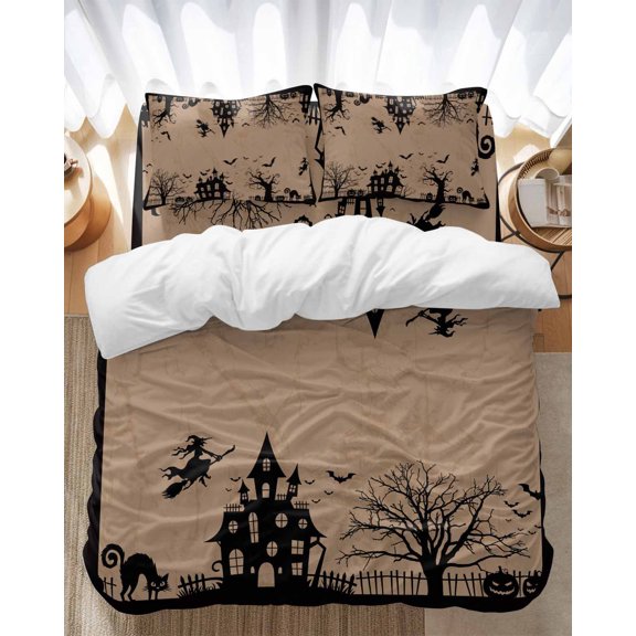 Halloween Bedding Duvet Cover Set King 4 Pieces Dead Tree Castle Witch Black Cat Spooky Witch Pumpkin Bedding Set with Zipper Closure,1 Comforter Cover 96x104 Inches 1 Flat Sheet & 2 Pillow Cases