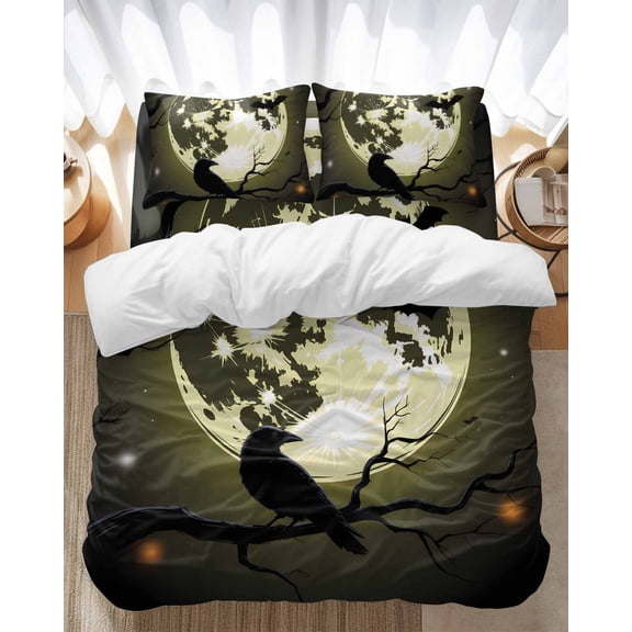 Halloween Bedding Duvet Cover Set King Size 4 Pieces Crow Moon Branch Silhouette Horror Retro Bedding Set with Zipper Closure, 1 Comforter Cover 92x106 Inches 1 Flat Sheet & 2 Pillow Cases