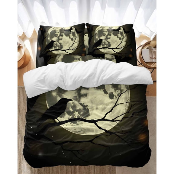 Halloween Bedding Duvet Cover Set Queen Size 4 Pieces Crow Moon Silhouette Horror Retro Style Bedding Set with Zipper Closure, 1 Comforter Cover 90x92 Inches 1 Flat Sheet & 2 Pillow Cases