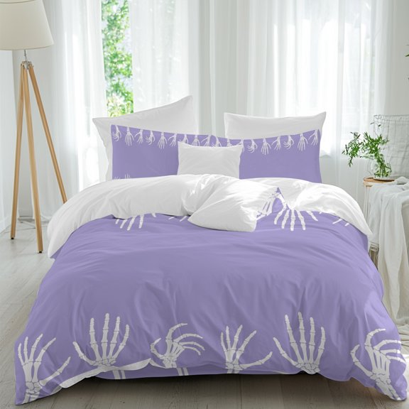 Halloween Bedding Duvet Cover Set Queen Size 4 Pieces, White Horror Spooky Skeleton Hands Purple Background Bedding Set with Zipper, 1 Comforter Cover 90x90 Inches 1 Flat Sheet & 2 Pillow Cases