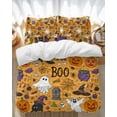 thumbnail image 1 of Halloween Bedding Duvet Cover Set Twin Size 4 Pieces Abstract Ghost Pumpkin Bat Yellow Backdrop Bedding Set with Zipper Closure, 1 Comforter Cover 68x86 Inches 1 Flat Sheet & 2 Pillow Cases, 1 of 7