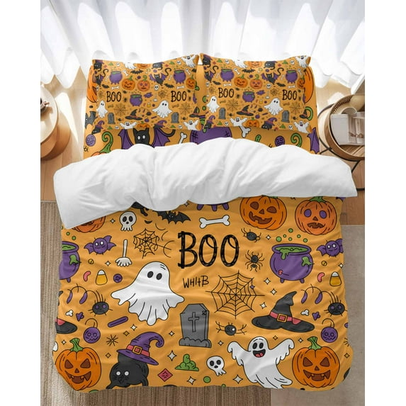 Halloween Bedding Duvet Cover Set Twin Size 4 Pieces Abstract Ghost Pumpkin Bat Yellow Backdrop Bedding Set with Zipper Closure, 1 Comforter Cover 68x86 Inches 1 Flat Sheet & 2 Pillow Cases