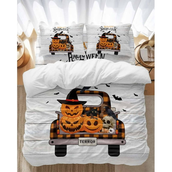 Halloween Bedding Duvet Cover Set Twin Size 4 Pieces Skull Head Pumpkin Truck Wood Grain Bedding Set with Zipper Closure, 1 Comforter Cover 68x86 Inches 1 Flat Sheet & 2 Pillow Cases