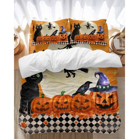 Halloween Bedding Duvet Cover Set Twin Size 4 Pieces Skull Pumpkin Black Cat Witch Crow Moon Orange Bedding Set with Zipper Closure, 1 Comforter Cover 68x86 Inches 1 Flat Sheet & 2 Pillow Cases