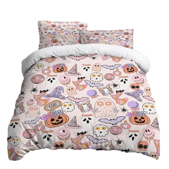 Halloween Bedding Set Brushed Fabric Duvet Cover with Pillowcases Soft Cozy Seasonal Home Decor for Bedroom Fall Holiday Room Makeover Autumn Bedding , 1Pack Pink Size:L