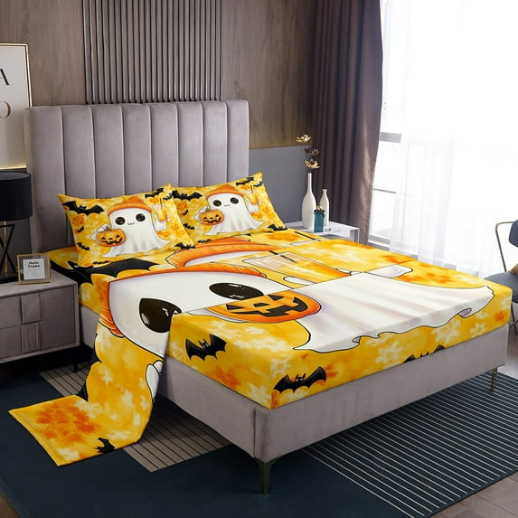 Halloween Bedding Set Cute Cartoon Ghost Sheet Set King Size,Pumpkin Yellow Bed Sheets,Halloween Festival Themed Bat Bed Sheet Set 4 Piece