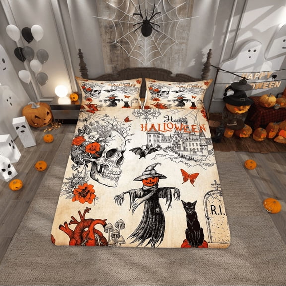 Halloween Bedding Set Skeleton Skulls Black Cat Decor Fitted Sheet Halloween Castle Pumpkin Scarecrow Bed Sheets Flowers Butterfly Bat Gothic Decor Sheets With 2 Pillowcases, Queen