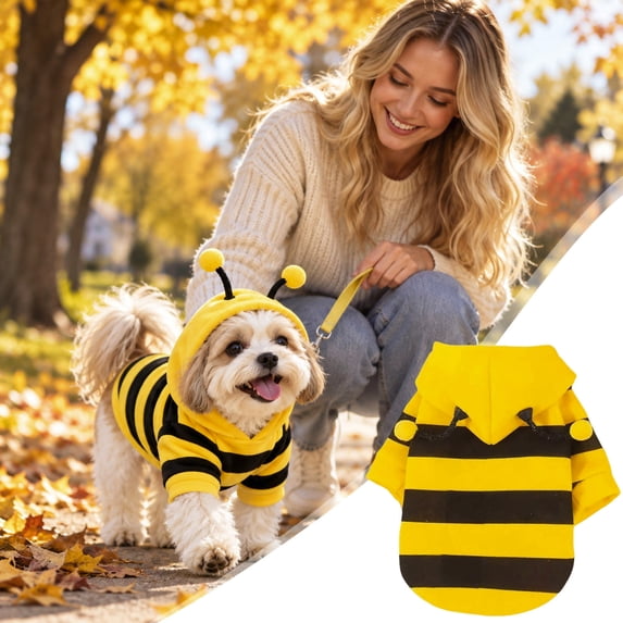 Halloween Bee for Small Dogs and Cats, Classic Hoodie with Antennae and Pompom, Bumblebee Striped Style