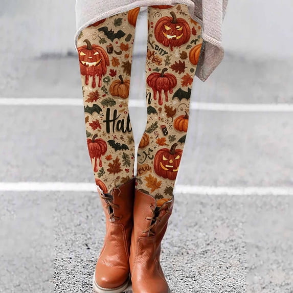 Halloween Beige Fleece Lined Leggings Women Fall Winter Polyester,Spandex Full Length Capri Buttery Soft Yoga Pants for Workout Athletic L