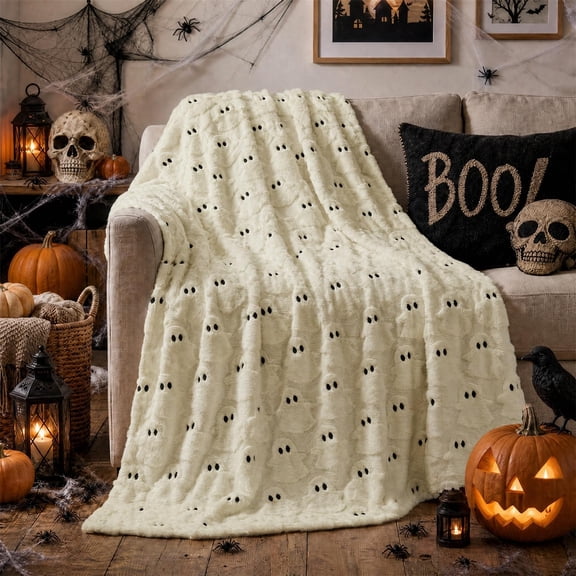 Halloween Beige Ghost Faux Fur Throw Blanket 50x60 | All Season Using Ultra Soft Fuzzy Plush Cozy Non-shedding 3D Textured Blanket for Couch Sofa Bed, Ideal Gift for Adults