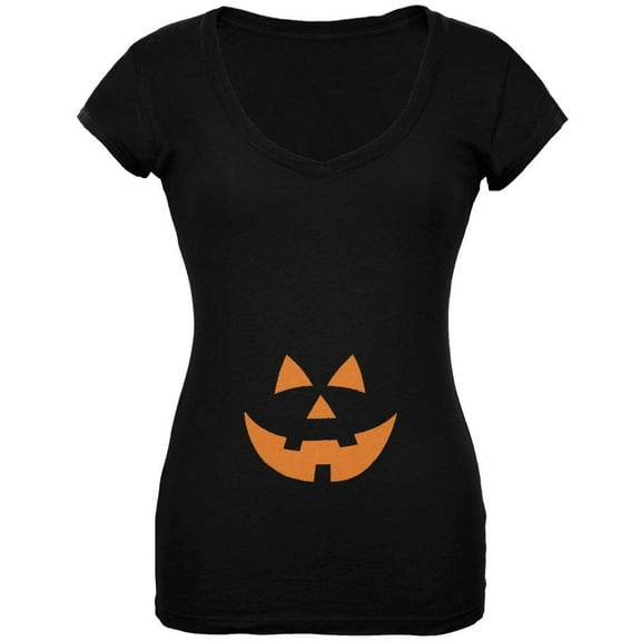 Halloween Belly Jack-O-Lantern Orange Glow Black Juniors V-Neck T-Shirt - Medium