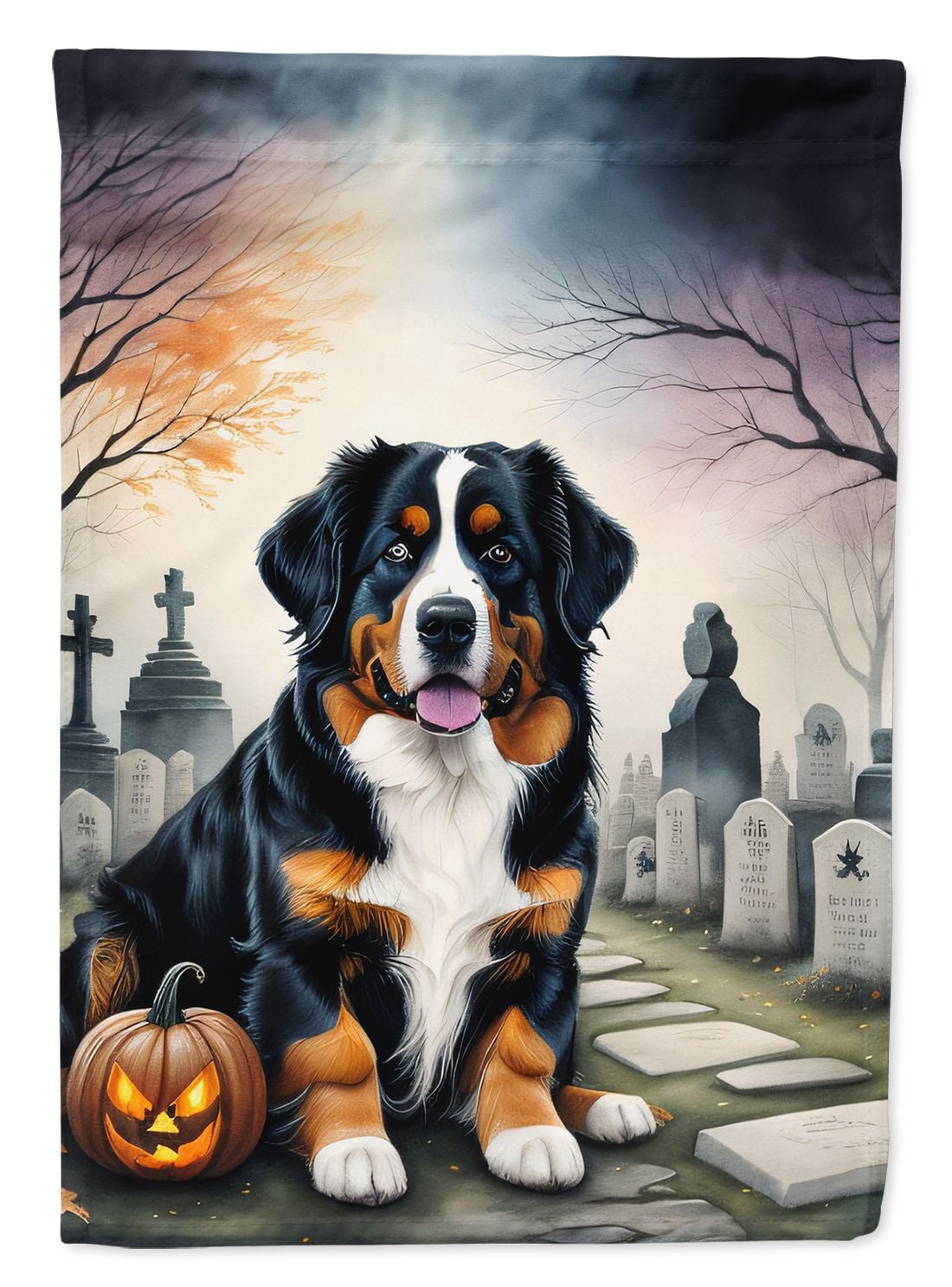 Halloween Bernese Mountain Dog House Flag 28x40IN Double-Sided Polyester Decorative Sleeve Pole Flag for Outdoor Home Garden