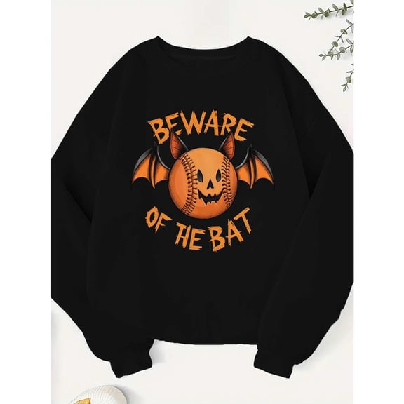 Halloween Beware Bats Graphic Sweatshirt Top Commuting Round-neck long-sleeved Top Black S-3XL