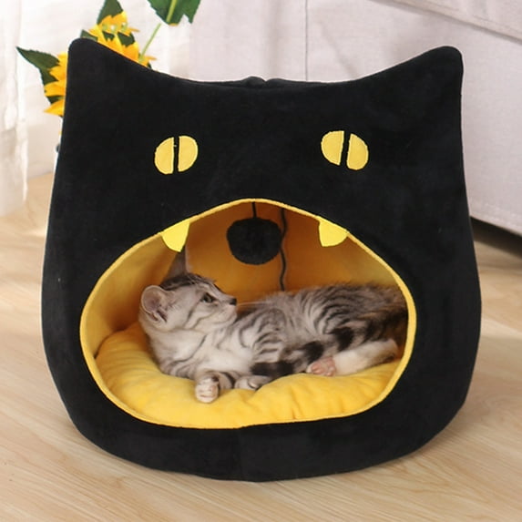 Halloween Big Mouth Cat House Enclosed Pet Shelter Size 14.17x14.17x14.17 Inches (Black/L)