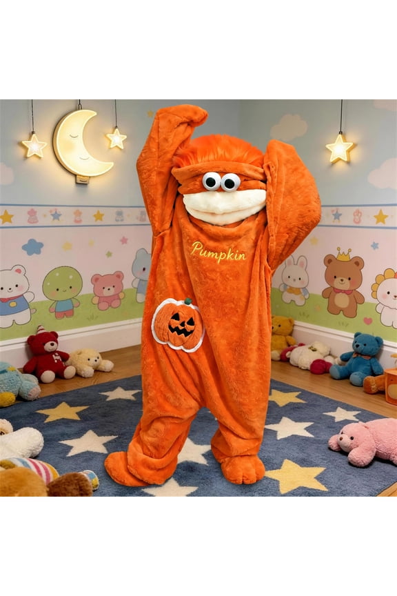 Halloween Big Mouth Monster Onesie for Adult Funny Pumpkins One Piece Sleepwear womens mens Halloween Soft Plush Jumpsuit(No Shoes & Comb Included)
