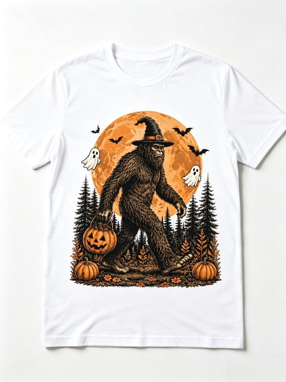 Halloween Bigfoot Shirt, Witch Hat Pumpkin Ghost Graphic Tee