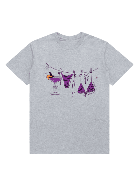 Halloween Bikini T-Shirt, Purple Witch Swimwear Graphic Tee, Spooky Summer 2026 Tshirt for Women, Beach Party Outfit