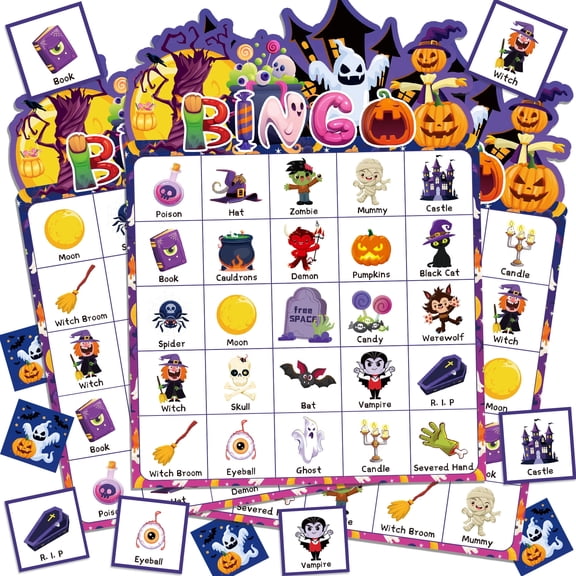 Halloween Bingo Game Set with Halloween Bingo Cards Game Instruction, Halloween Birthday Party Games for Halloween Party Favors Supplies
