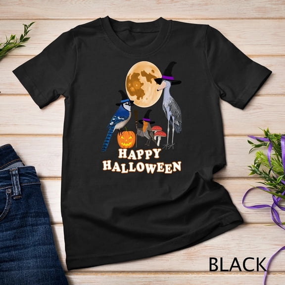 Halloween Bird Shirt, Pumpkin Witch Hat Graphic T Shirt, Happy Halloween Moon Tee
