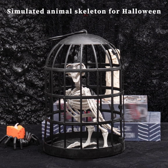Halloween Bird Skeleton in Cage Desktop Ornament Spooky Party Decor for Living Room, 9.8x6.7x6.7in