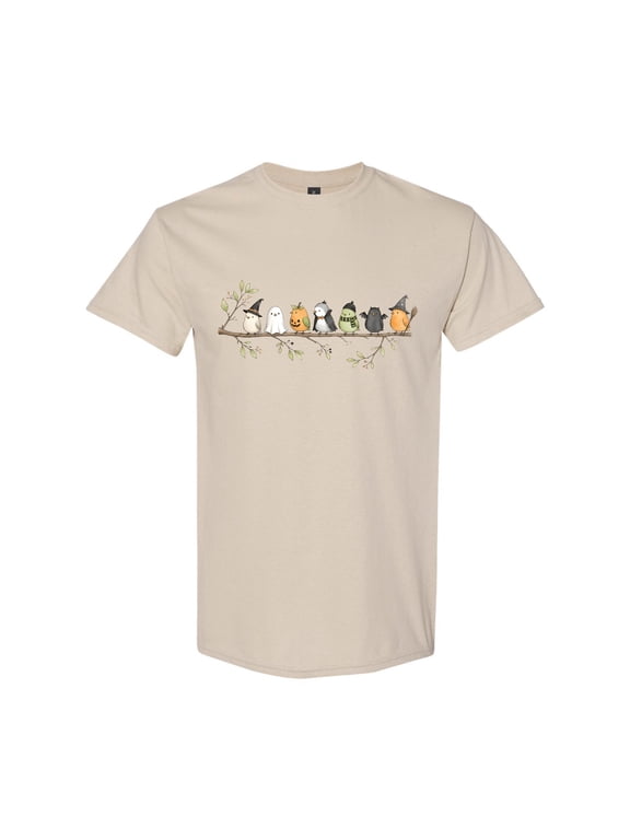 Halloween Birds on a Branch Graphic T-Shirt, Spooky Fall Nature Bird Lover Tee for Men and Women
