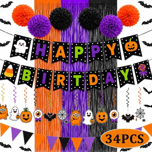 Halloween Birthday Party Decorations Banner Balloons Ball Ghost Spooky Trick or Treat Décor Indoor Happy Birthday Halloween Party Supplies Set 2