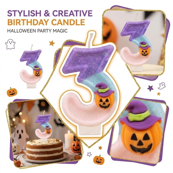 Halloween Birthday Party Decorations Glitter Number 3 Candle Spooky Cute Themed Cake Topper for Themed Birthday Decor Halloween Cake Decorations Single Piece
