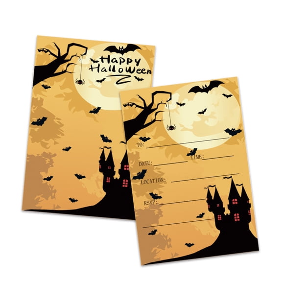 Halloween Birthday Party Invitations Watercolor Pumpkin & Skull - 20 Invitations Costume Party, Scary, Spooky Invite Cards For Boys & Girls, Party Supplies