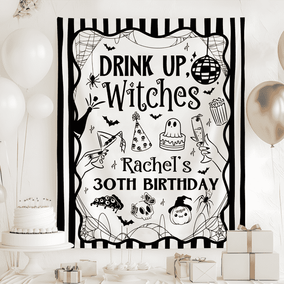 BASNITU Birthday Tapestry, Drink Up Witches Halloween Birthday Backdrop Decor