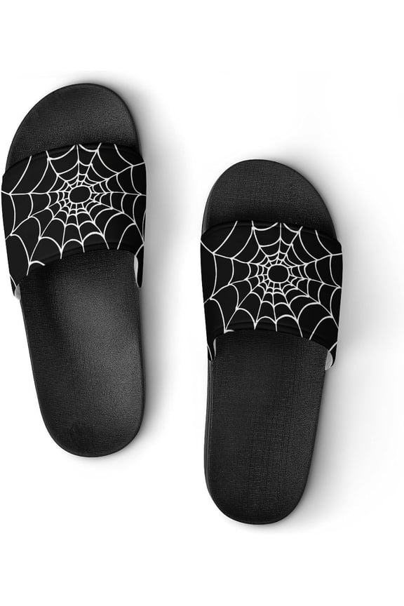 Halloween Black And White Spiders Web Cobweb Brushed Womens Slide Sandals Non Slip Summer House Slippers for Girls Slip-on Flip Flops