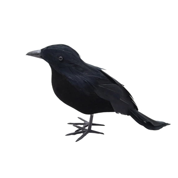 Halloween Black Artificial Feather Crow Figurine Set Of 1, Spooky‑Style Decorative Ornament, Holiday Accent For Shelf, Mantel And Indoor Halloween Home Decoration