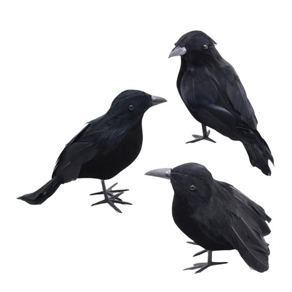 Halloween Black Artificial Feather Crow Figurine Set Of 3, Spooky‑Style Decorative Ornament, Holiday Accent For Shelf, Mantel And Indoor Halloween Home Decoration