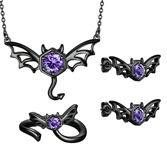 Halloween Black Bat & Devil Jewelry Set Necklace/Earrings/Ring, Gothic Statement Cosplay Party Jewelry Gift for Women Men