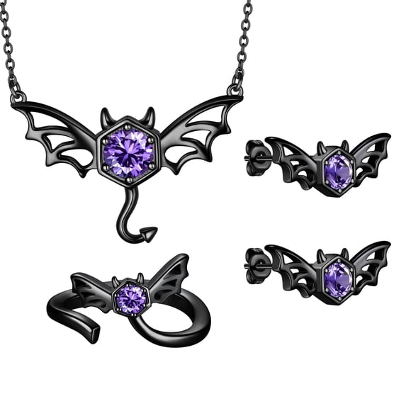 Halloween Black Bat & Devil Jewelry Set Necklace/Earrings/Ring, Gothic Statement Cosplay Party Jewelry Gift for Women Men