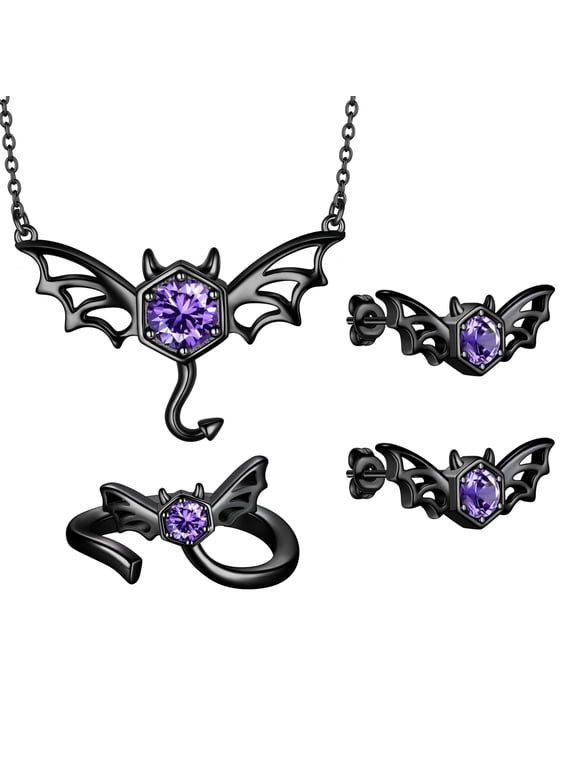 Halloween Black Bat & Devil Jewelry Set Necklace/Earrings/Ring, Gothic Statement Cosplay Party Jewelry Gift for Women Men